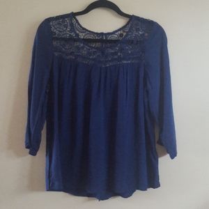 Reitmans 3/4 Sleeve Blue Crochet Yoke Top, Medium